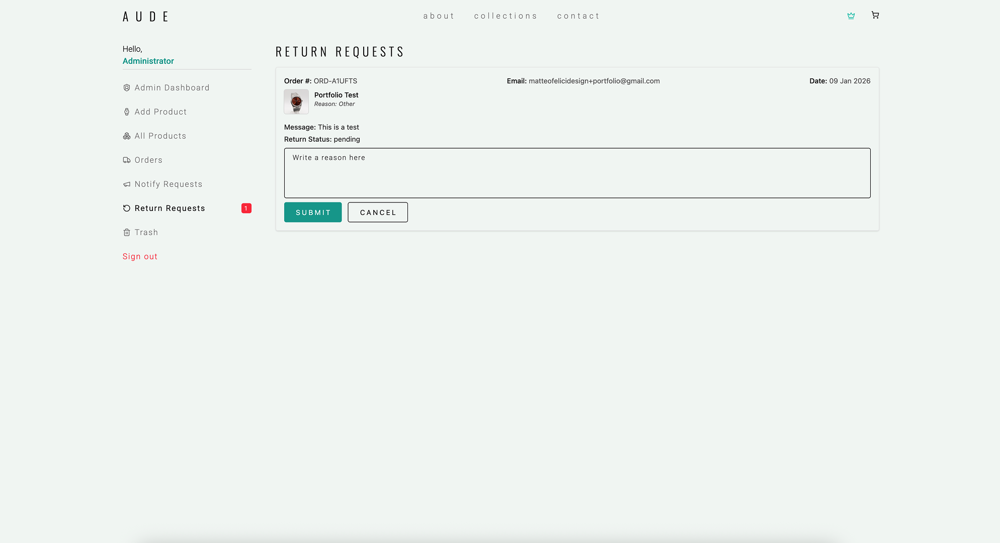 AUDE admin interface for rejecting a refund request with message field