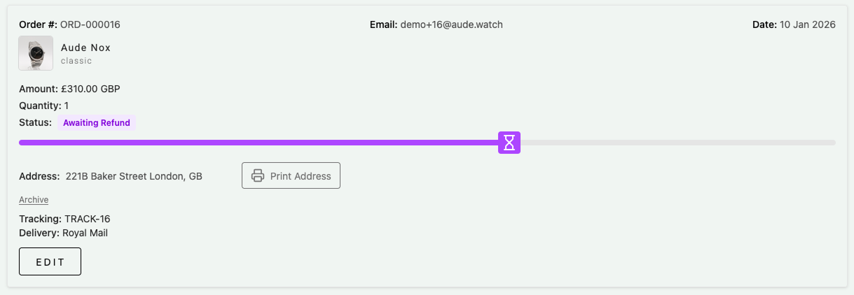 AUDE admin dashboard showing an order awaiting refund approval