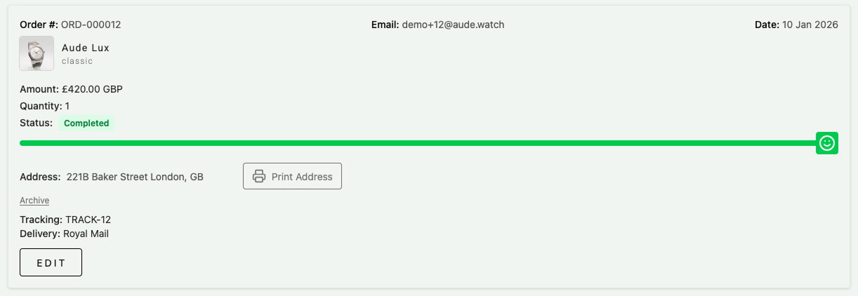 AUDE admin interface showing a completed order state