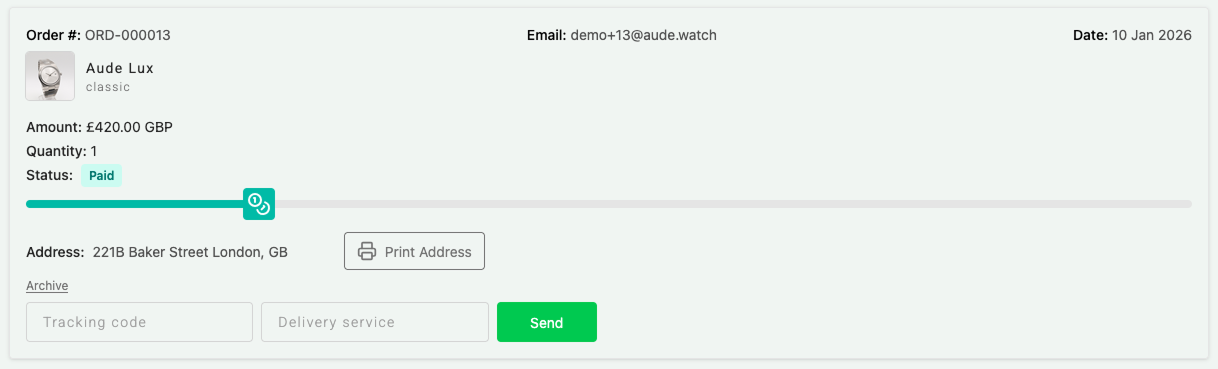 AUDE admin order view showing a paid order with customer and shipping details