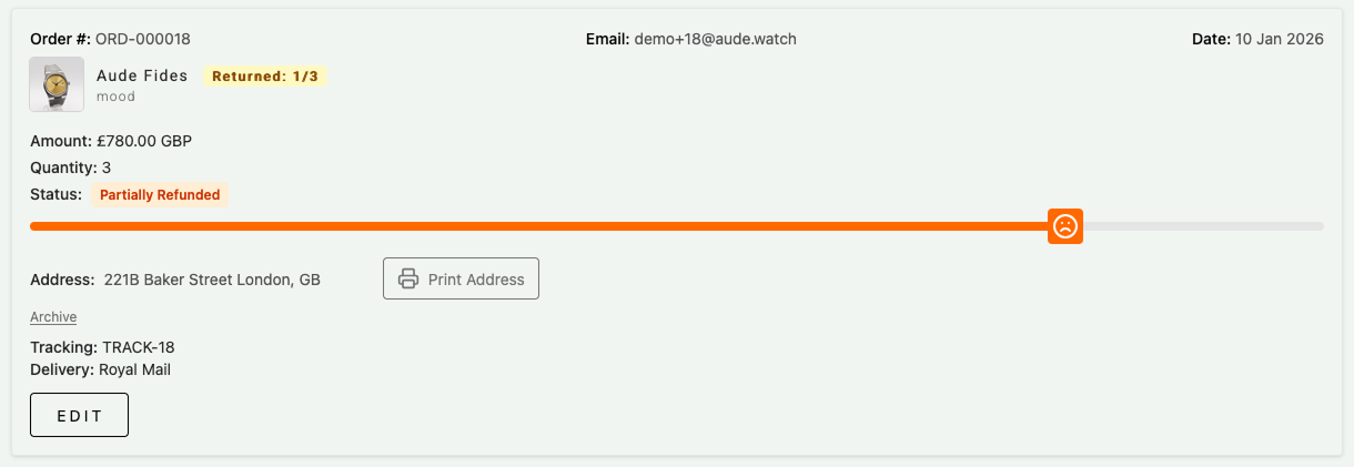 AUDE admin interface showing a partial refund case for multi-item order