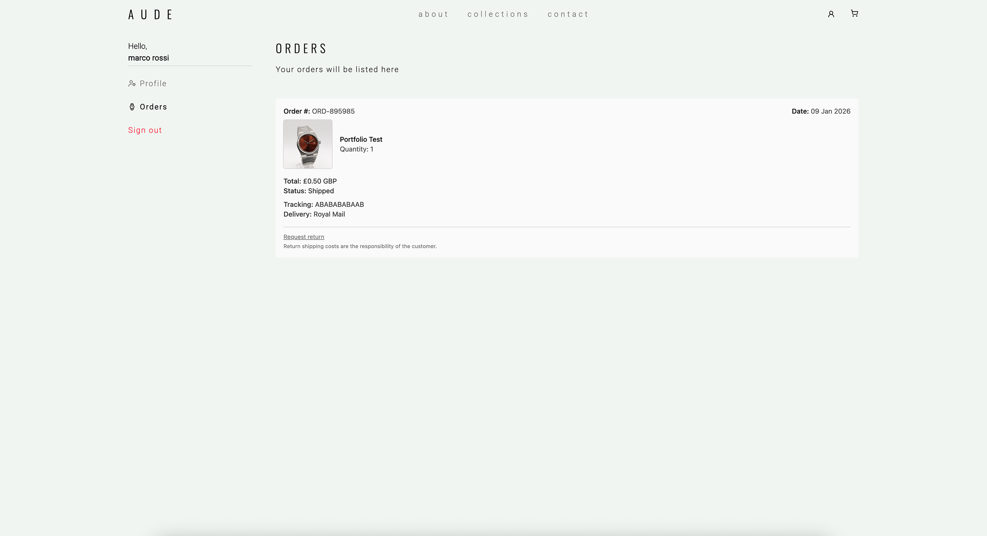 AUDE user account area showing personal order history