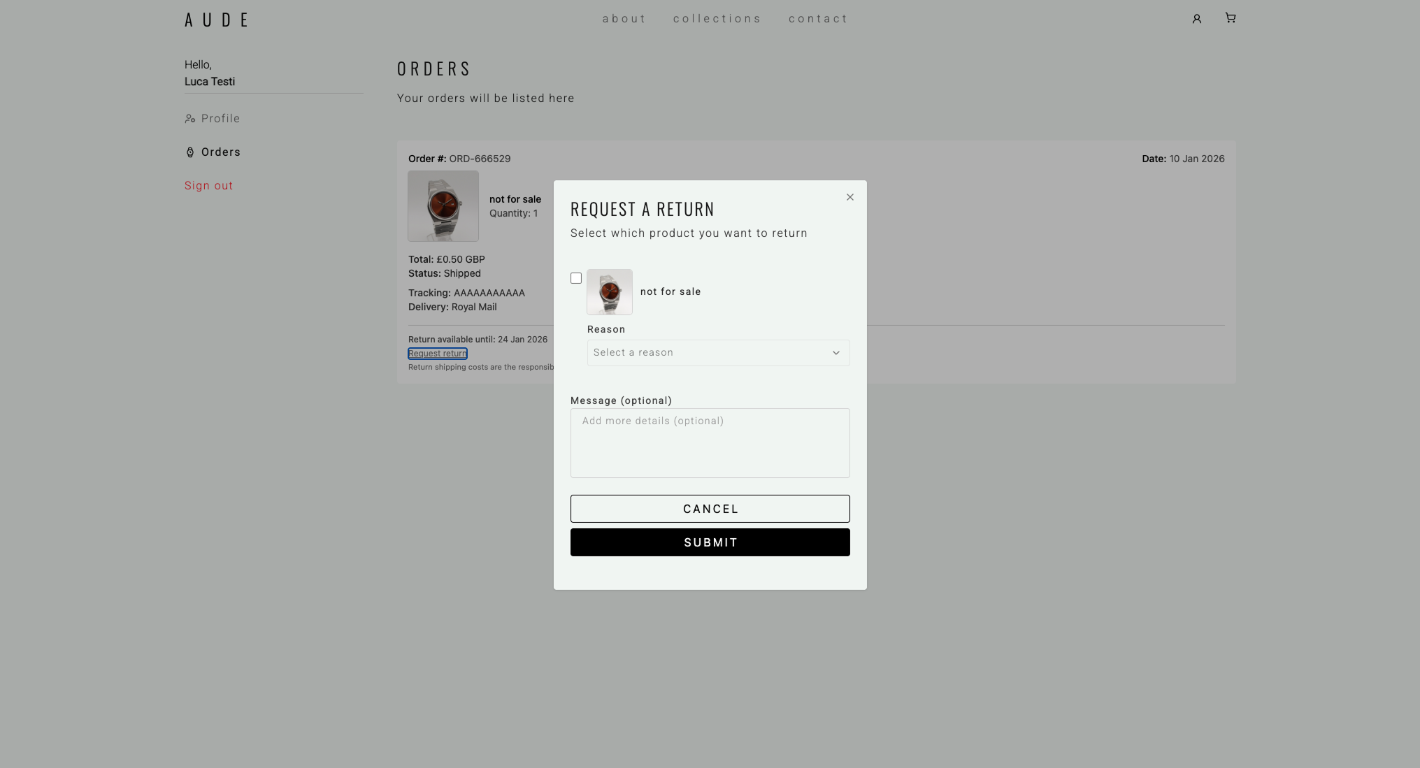 AUDE refund request modal for submitting a return