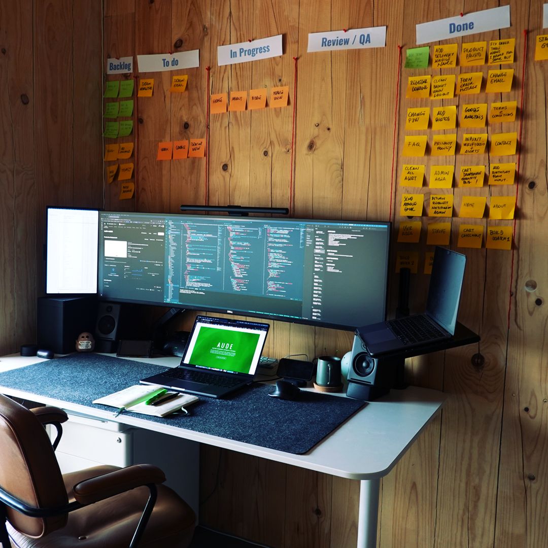 AUDE - project Kanban wall used to track design, build, QA, and launch tasks